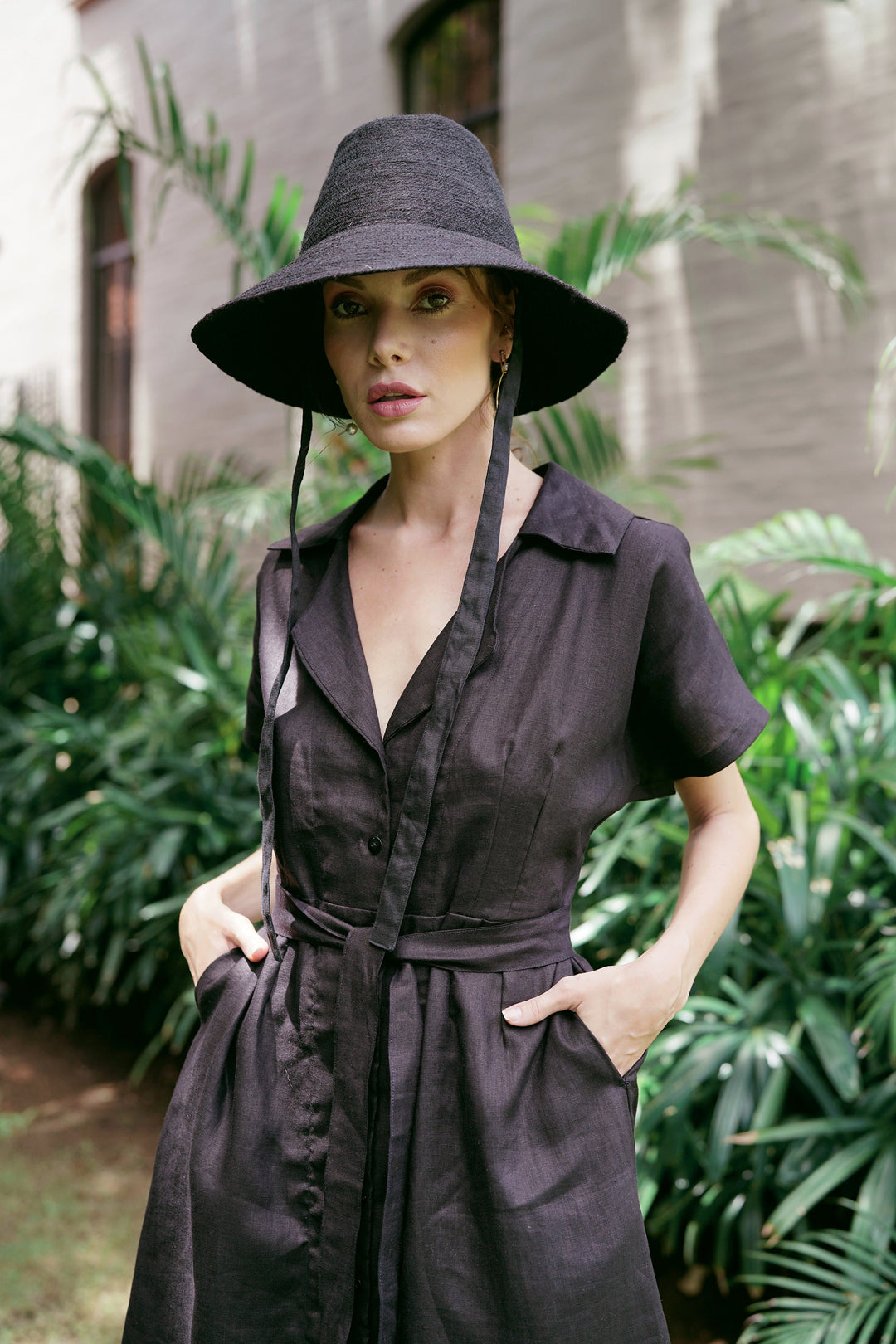 ARYA Safari Linen Midi Dress, in Black by BrunnaCo