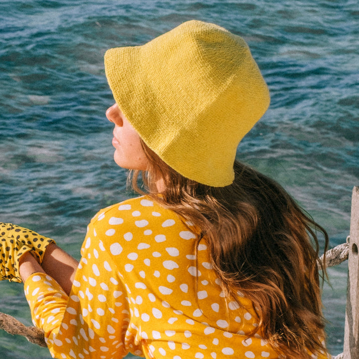 FLORETTE Crochet Bucket Hat In Yellow by BrunnaCo