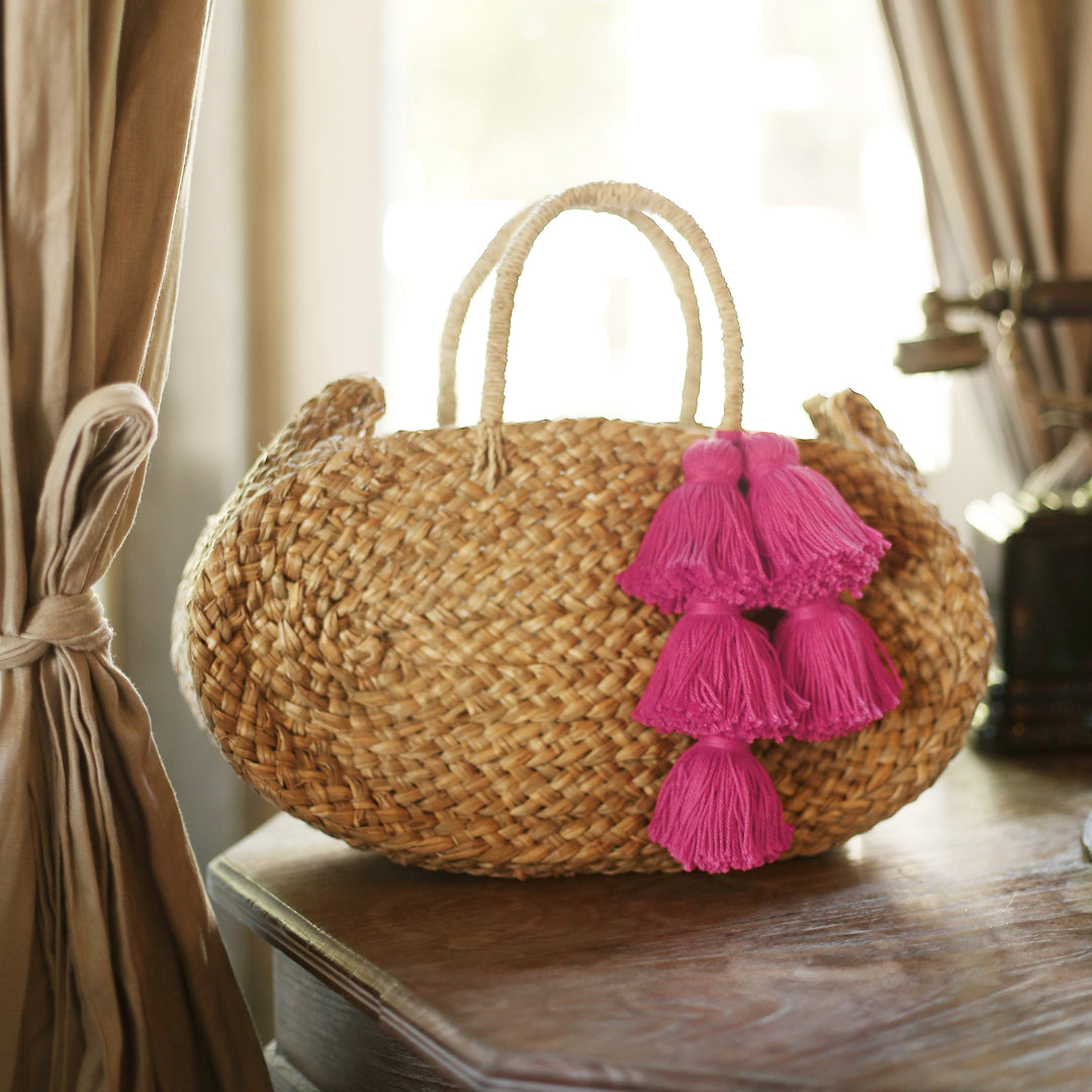 Oval Luna Straw Tote Bag - with Fuschia Pink Tassels by BrunnaCo
